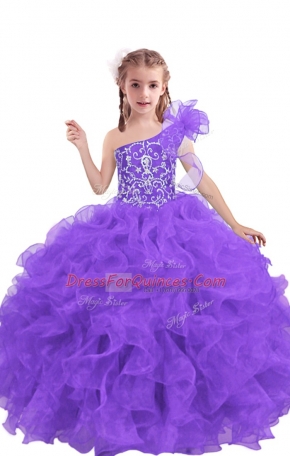 Wonderful Lilac Little Girl Pageant Dress Quinceanera and Wedding Party with Beading and Ruffles One Shoulder Sleeveless Lace Up