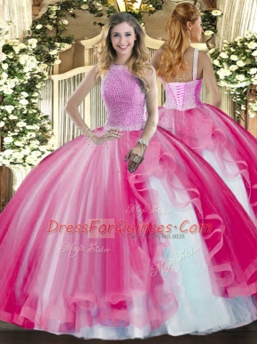 Glorious Hot Pink Lace Up High-neck Beading and Ruffles Quinceanera Dresses Tulle Sleeveless