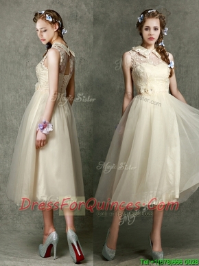 Pretty High Neck Champagne Dama Dresses with Lace and Hand Made Flowers