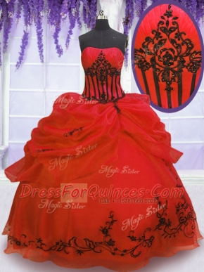 Dramatic Pick Ups Strapless Sleeveless Lace Up Quinceanera Gowns Red Organza