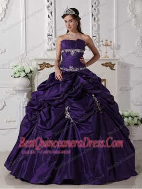 Purple Ball Gown Strapless Floor-length Taffeta Appliques Quinceanera Dress