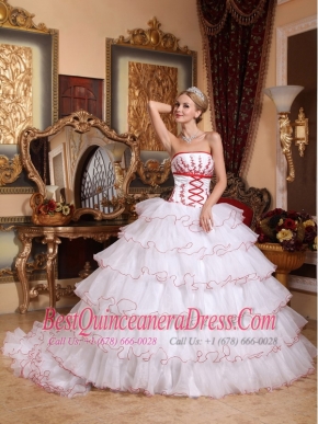 White Ball Gown Strapless Detachable Train Organza Appliques Quinceanera Dress