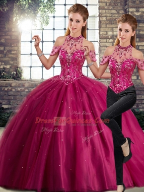 Fuchsia Halter Top Lace Up Beading 15th Birthday Dress Brush Train Sleeveless