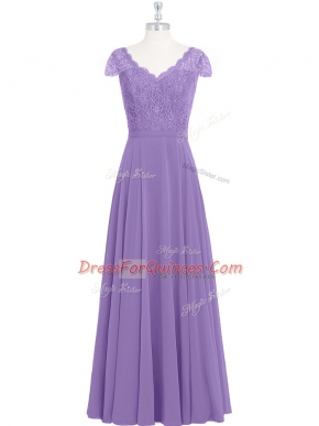 Enchanting Lavender Chiffon Zipper Teens Party Dress Cap Sleeves Floor Length Lace