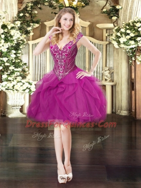Fashion Sleeveless Mini Length Beading and Ruffles Lace Up Dress for Prom with Fuchsia