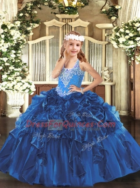 Blue Sleeveless Organza Lace Up Girls Pageant Dresses for Party and Quinceanera