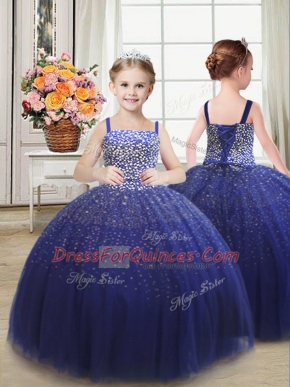 Tulle Straps Sleeveless Lace Up Beading Little Girls Pageant Dress in Royal Blue