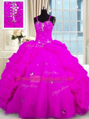 Ideal Fuchsia Ball Gowns Beading and Pick Ups Quinceanera Gown Lace Up Organza Sleeveless Floor Length