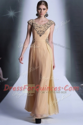 Scoop Floor Length Empire Cap Sleeves Peach Prom Gown Side Zipper