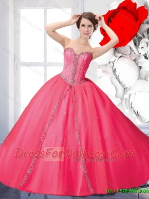 2015 Fall Pretty Beaded Quinceanera Dresses with Brush Train in Hot Pink