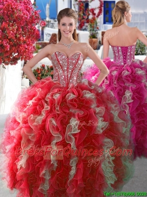 Visible Boning Beaded and Ruffled Quinceanera Gown in Red and White