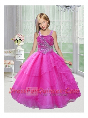 Exquisite Straps Beading Fuchsia Floor-length Little Gril Pageant Dress