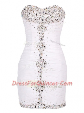 Beading and Ruffles Evening Dress White Zipper Sleeveless Mini Length