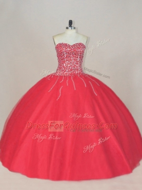 Beauteous Sweetheart Sleeveless 15th Birthday Dress Floor Length Beading Coral Red Tulle