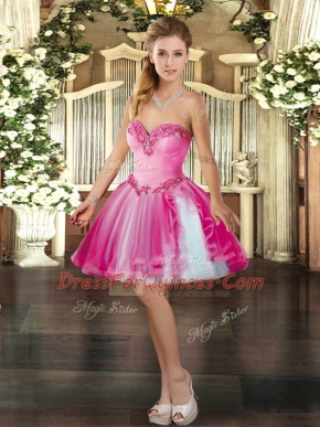 Dynamic Mini Length Hot Pink Evening Dress Tulle Sleeveless Beading