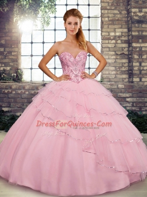 Sleeveless Brush Train Beading and Ruffled Layers Lace Up Quinceanera Dress