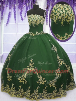 Sleeveless Tulle Floor Length Zipper Vestidos de Quinceanera in Dark Green with Appliques