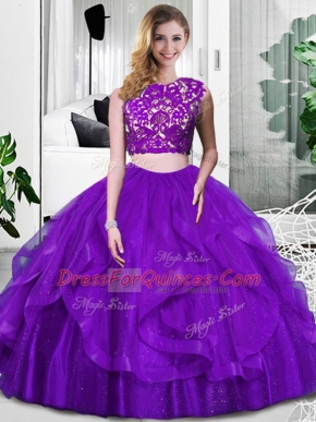 Floor Length Purple Quinceanera Gowns Tulle Sleeveless Lace and Ruffles