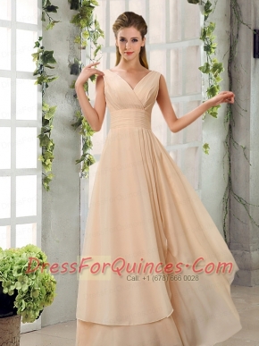 Ruching V Neck Chiffon Dama Dresses in Champagne