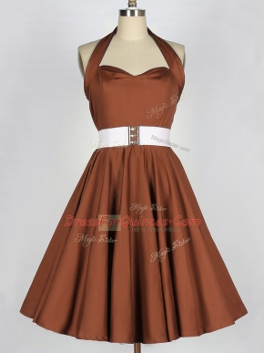 Brown Taffeta Zipper Halter Top Sleeveless Knee Length Quinceanera Dama Dress Belt