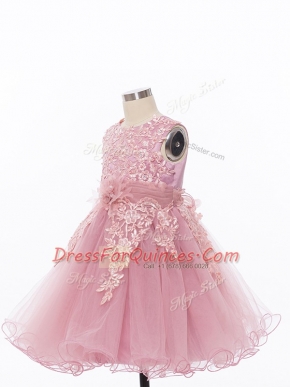 Vintage Pink Tulle Zipper Scoop Sleeveless Knee Length Toddler Flower Girl Dress Appliques and Hand Made Flower