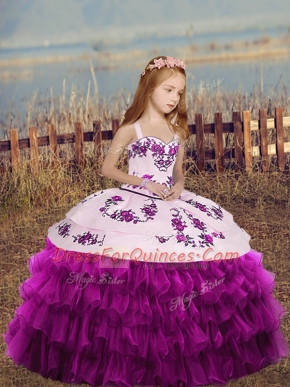 Organza Sleeveless Floor Length Pageant Gowns For Girls and Embroidery and Ruffled Layers and Bowknot