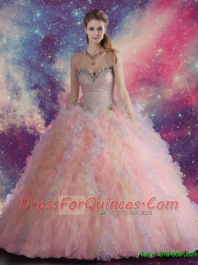 2016 Feminine Pink Sweetheart Quinceanera Dresses with Beaded and Ruffles