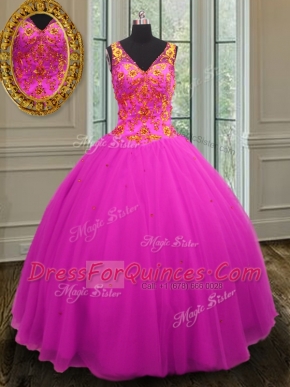 Fashionable Fuchsia Zipper Ball Gown Prom Dress Beading Sleeveless Floor Length