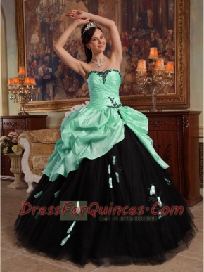 Modest Apple Green and Black Sweetheart Floor-length Lace-up Hand Flowers Tulle and Taffeta Beautiful Quinceanera Dress 2014
