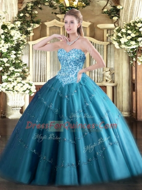 Fine Ball Gowns Quinceanera Gown Teal Sweetheart Tulle Sleeveless Floor Length Lace Up