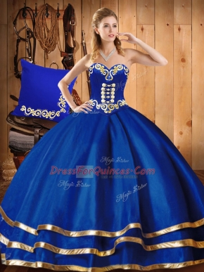 Blue Ball Gowns Sweetheart Sleeveless Organza Floor Length Lace Up Embroidery Sweet 16 Dress