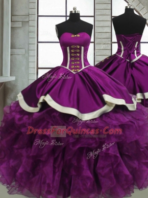 Purple Sweetheart Lace Up Beading and Ruffles Quinceanera Gown Sleeveless