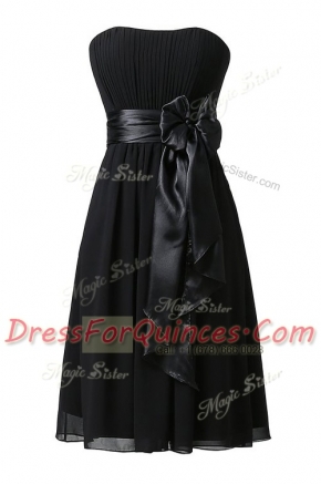 Sleeveless Chiffon Knee Length Zipper in Black with Sashes ribbons and Ruching