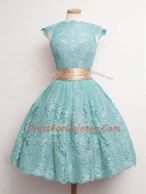 Aqua Blue Lace Up Quinceanera Dama Dress Belt Cap Sleeves Knee Length