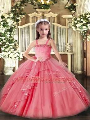 Fancy Straps Sleeveless Girls Pageant Dresses Floor Length Appliques and Ruffles Watermelon Red Organza