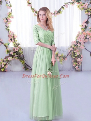 Gorgeous Apple Green Half Sleeves Lace and Belt Floor Length Dama Dress for Quinceanera