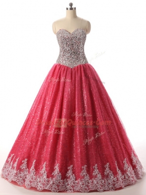 Coral Red Quinceanera Dress Military Ball and Sweet 16 and Quinceanera with Beading and Appliques Sweetheart Sleeveless Lace Up