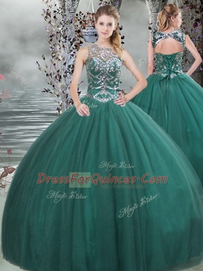 Unique Scoop Sleeveless Lace Up Quinceanera Dresses Dark Green Tulle