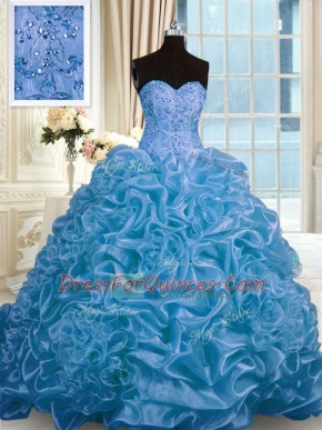 Classical Blue Sweetheart Lace Up Beading and Pick Ups Quinceanera Gown Sweep Train Sleeveless