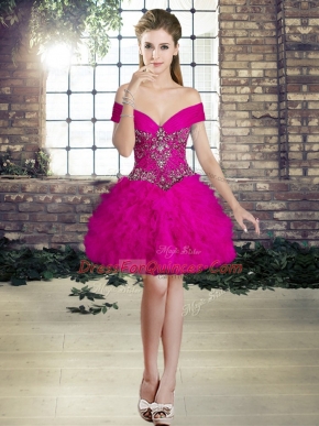 Luxury Mini Length Fuchsia Casual Dresses Tulle Sleeveless Beading and Ruffles