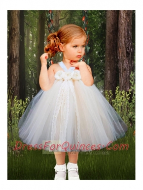 2014 Halter Bowknot Tulle Knee-length Little Girl Dress in White