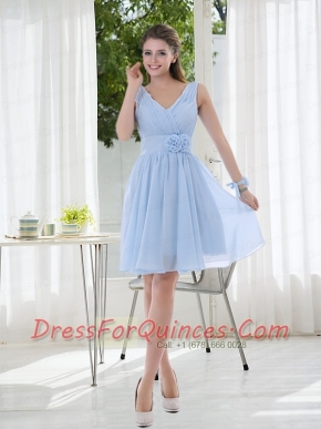 V Neck Chiffon Dama Dress with Ruching and Hand Made Flowers