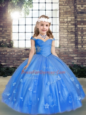 Blue Sleeveless Beading and Hand Made Flower Floor Length Pageant Dress for Womens