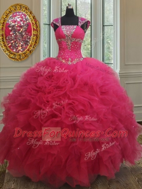 Hot Selling Hot Pink Quinceanera Gown Military Ball and Sweet 16 and Quinceanera and For with Beading and Ruffles Square Cap Sleeves Lace Up
