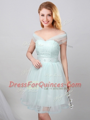 Admirable Off the Shoulder Short Sleeves Mini Length Lace Up Court Dresses for Sweet 16 Apple Green for Prom and Party and Wedding Party with Lace and Appliques and Belt