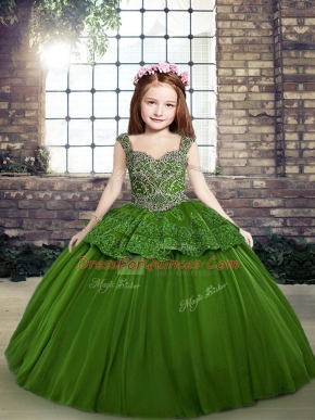 Straps Sleeveless Pageant Dress Wholesale Floor Length Beading Green Tulle