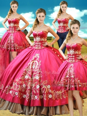 Dramatic Four Piece Floor Length Lace Up Sweet 16 Dresses Hot Pink for Military Ball and Sweet 16 and Quinceanera with Beading and Embroidery