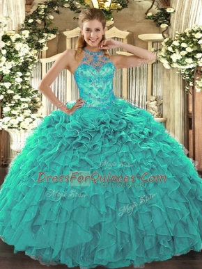 Traditional Turquoise Ball Gown Prom Dress Military Ball and Sweet 16 and Quinceanera with Beading and Embroidery and Ruffles Halter Top Sleeveless Lace Up