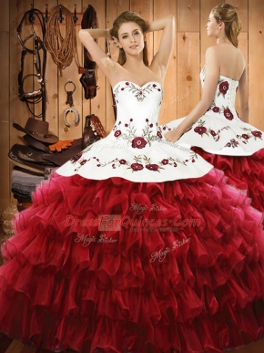 Eye-catching Floor Length Lace Up 15th Birthday Dress Wine Red for Military Ball and Sweet 16 and Quinceanera with Embroidery and Ruffled Layers