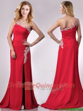 Luxurious Beaded Decorated One Shoulder and High Slit Prom Dress with Brush Train